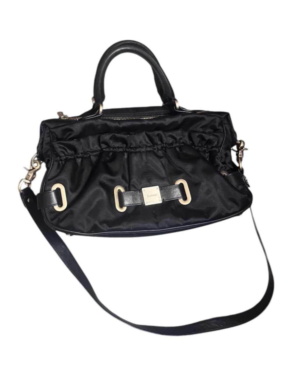 BOTKIER Black Satin Leather Trim Gold Hardware 2 Way Purse Handbag
